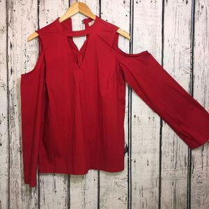 Loft Cutout Cold Shoulder choker V-neck button closure blouse  size XS festive